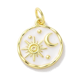 Honeyhandy Rack Plated Brass Enamel Pendants, with Jump Ring, Long-Lasting Plated, Lead Free & Cadmium Free, Real 18K Gold Plated, Flat Round with Sun & Moon Charm, White, 15x13x2mm, Hole: 3.4mm