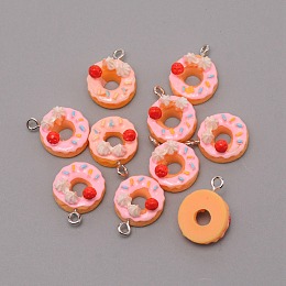 ARRICRAFT Resin Pendants, with Platinum Iron Loop, Imitation Food, Donut, Pink, 19x14.5x9.5mm, Hole: 2mm