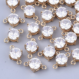 Honeyhandy Transparent Glass Links connectors, with Brass Findings, Faceted, Flat Round, Light Gold, Clear, 12x7.5x5mm, Hole: 1.2mm