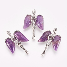 Honeyhandy Natural Amethyst Pendants, with Brass Findings, Angel, Platinum, 34x23x8mm, Hole: 3x5mm