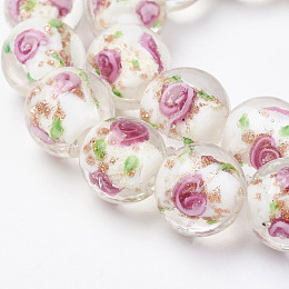 Honeyhandy Handmade Gold Sand Lampwork Beads Strands, Inner Flower, Round, White, 12.5~13.5mm, Hole: 1.5mm, about 28pcs/strand, 14.88 inch(37.8cm)