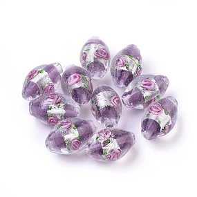 Honeyhandy Handmade Silver Foil Glass Lampwork Beads, Oval with Flower, Medium Purple, 16~17x9~11mm, Hole: 1.5~2mm