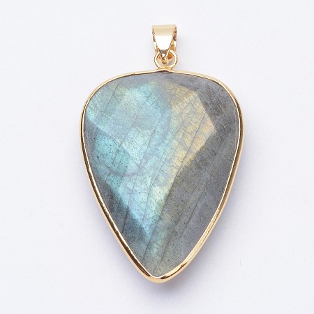 Honeyhandy Faceted Natural Labradorite Pendants, with Golden Tone Brass Findings, teardrop, 40x27x7~9mm, Hole: 4x5mm