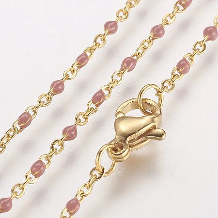 Honeyhandy Ion Plating(IP) 304 Stainless Steel Chain Necklaces, with Enamel, Golden, Pale Violet Red, 17.51 inch~17.91 inch(44.5cm~45.5cm), 2mm