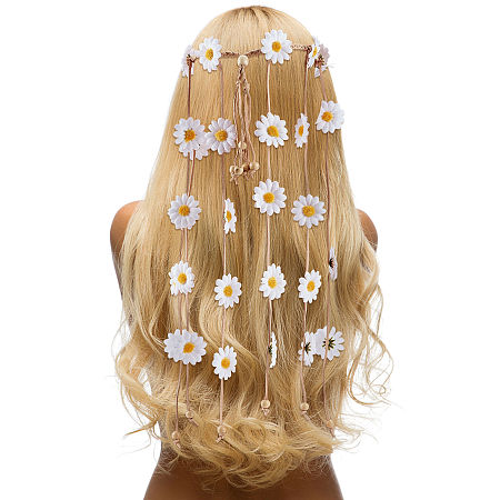 CRASPIRE Flower Hippie Headband Sunflower Headbands Floral Crown Boho Behemain White Daisy Hippie Headpiece with Adjust Beads Hair Bands Tassel Hair Accessories