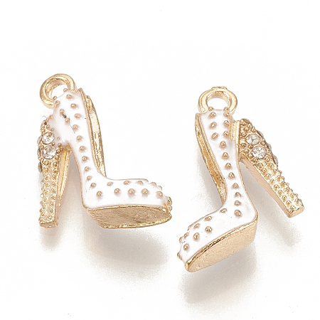Honeyhandy Alloy Enamel Stilettos Pendants, Cadmium Free & Lead Free, with Rhinestone, High-heeled Shoes, Light Gold, Creamy White, 17.5x14x6mm, Hole: 2mm