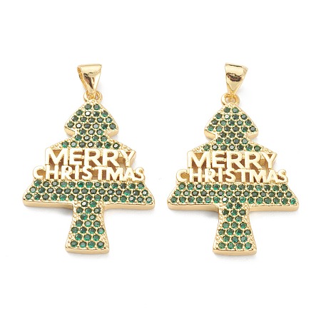 ARRICRAFT Brass Micro Pave Cubic Zirconia Pendants, Long-Lasting Plated, Real 18K Gold Plated, Christmas Tree, Green, 30x21x2mm, Hole: 5×3.3mm