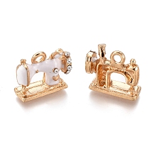 Honeyhandy Alloy Pendants, with Enamel and Crystal Rhinestone, Sewing Machine, Golden, White, 13.5x16x6mm, Hole: 2mm