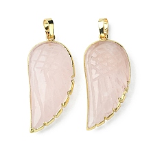 Honeyhandy Natural Rose Quartz Pendants, Wing Charms, with Rack Plating Golden Plated Brass Edge, 39x18x7mm, Hole: 6x4mm