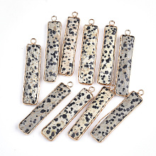 Honeyhandy Natural Dalmatian Jasper Pendants, with Brass Findings, Faceted, Rectangle, Golden, 46.5x10x5mm, Hole: 2mm