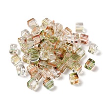 Honeyhandy Two Tone Transparent Glass Beads, Cube, Pale Green, 6x6x7mm, Hole: 1.4mm, about 500pcs/bag