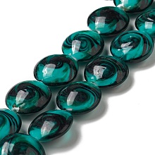 Handmade Gold Sand Lampwork Beads Strands, Flat Round, Teal, 21x11mm, Hole: 1.2mm, about 18pcs/strand, 13.98 inch(35.5cm)