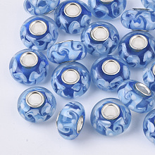 Honeyhandy Handmade Lampwork European Beads, Large Hole Beads, with Silver Color Plated Brass Single Cores, Rondelle, Blue, 14x7.5mm, Hole: 4mm