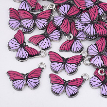 Honeyhandy Printed Alloy Pendants, with Enamel, Butterfly, Platinum, Deep Pink, 13x20x2mm, Hole: 1.6mm