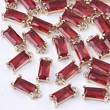 Honeyhandy Transparent Glass Charms, with Brass Findings, Faceted, Rectangle, Light Gold, Red, 8.5x4x3mm, Hole: 1mm