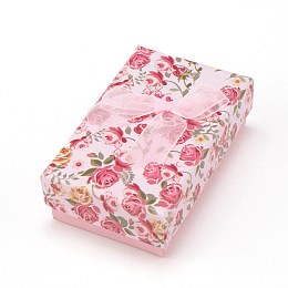 Honeyhandy Flower Pattern Cardboard Jewelry Packaging Box, 2 Slot, For Ring Earrings, with Ribbon Bowknot and Black Sponge, Rectangle, Pink, 8x5x2.6cm