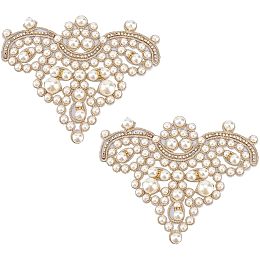 FINGERINSPIRE 2PCS Pearl Shoe Patches Gold Sew on Rhinestone Imitation Pearl Beaded Applique DIY Crafts Applique Patches Glitter Pearl Floral Pattern Patches Decorative Appliques for Costume Decor