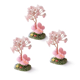 Honeyhandy Natural Rose Quartz Chips & Resin Pedestal Display Decorations, with Brass Finding, Tree, 71~74x49~53x32~34mm