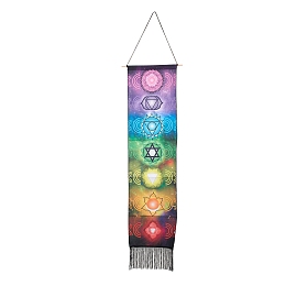 Honeyhandy Chakra Theme Linen Wall Hanging Tapestry, Vertical Tapestry, with Tassel, Wood Rod & Iron Traceless Nail & Cord, for Home Decoration, Meditation, Rectangle, Round Pattern, 164cm