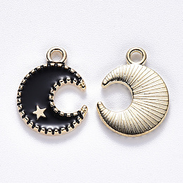 Honeyhandy Alloy Enamel Pendants, Moon & Star, Light Gold, Black, 16x13x2mm, Hole: 1.8mm