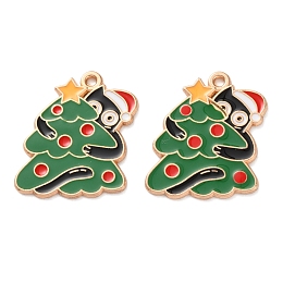 Christmas Theme Alloy Enamel Pendants, Light Gold, Cat Charm, Christmas Tree, 26x20.5x1.5mm, Hole: 1.5mm