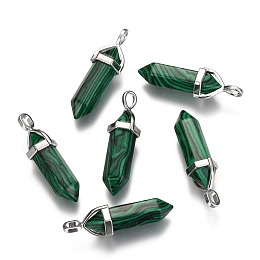 Honeyhandy Dyed Synthetic Malachite Pointed Pendants, with Platinum Tone Random Alloy Pendant Hexagon Bead Cap Bails, Bullet, 36~40x12mm, Hole: 3x4mm, Gemstone: 8mm in diameter