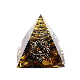 Honeyhandy Chakra Pattern Orgonite Pyramid Resin Display Decorations, Healing Pyramids, for Stress Reduce Healing Meditation, with Brass Findings and Natural Tiger Eye Chips Inside, for Home Office Desk, 30.5x30.5x29.5mm