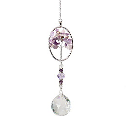 Honeyhandy K9 Crystal Glass Big Pendant Decorations, Hanging Sun Catchers, with Amethyst Chip Beads, Oval with Tree of Life, Indigo, 380mm