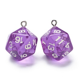 Honeyhandy Transparent Acrylic Pendants, with Platinum Plated Iron Findings, Faceted, Dice, Purple, 27.5x20x20mm, Hole: 2mm