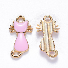 Honeyhandy Alloy Enamel Pendants, Cat Shape, Light Gold, Pink, 22x12x2~3mm, Hole: 2mm