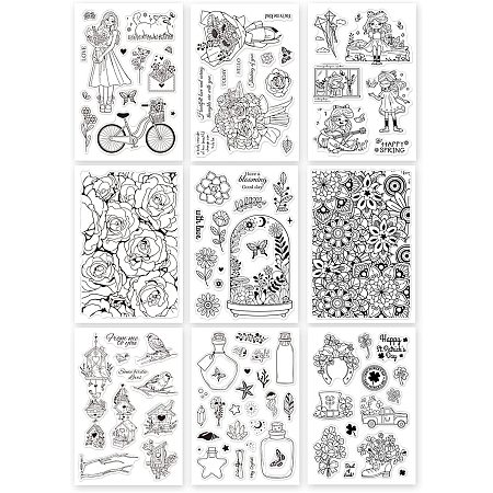 GLOBLELAND 9 Sheets Mixed Theme Silicone Clear Stamps Seal for Card Making Decor and DIY Scrapbooking(Cute Girl Bouquet Rose Glass Container Bird House Wishing Bottle Clover)
