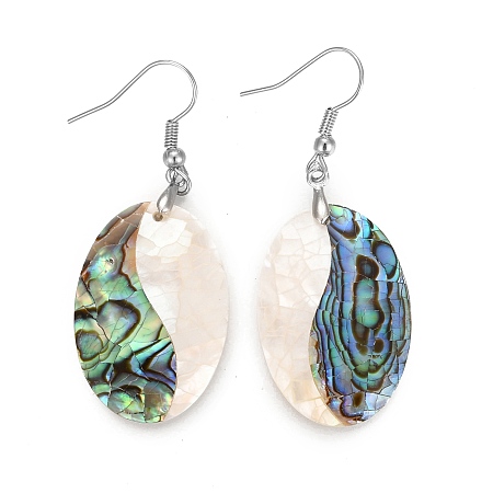 Honeyhandy White Shell & Abalone Shell/Paua Shell Dangle Earrings, with Brass Ice Pick Pinch Bails and Earring Hooks, Oval, Platinum, 52.5mm, Pin: 0.7mm
