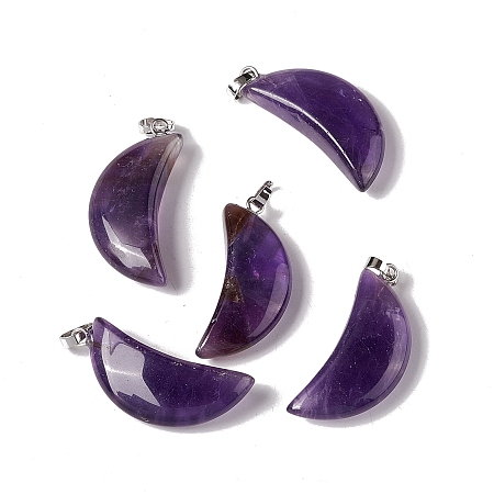 Honeyhandy Natural Amethyst Pendants, with Platinum Tone Brass Findings, Moon Charm, 33x15x8mm, Hole: 6x3.2mm