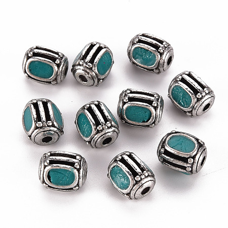 ARRICRAFT Handmade Indonesia Beads, with Brass Findings, Barrel, Antique Silver, Teal, 10.5~11x8.5~9mm, Hole: 2mm