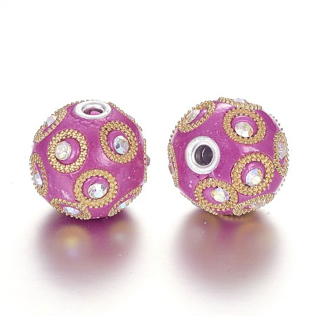 Round Handmade Indonesia Beads, with Rhinestones and Silver Plated Alloy Cores, Camellia, 23x21mm, Hole: 3mm