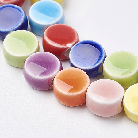 Honeyhandy Handmade Porcelain Beads, Bright Glazed Porcelain, Flat Round, Mixed Color, 8~9x5mm, Hole: 2mm, about 40pc/strand, 12.56 inch(31.9cm)