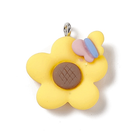 Honeyhandy Opaque Resin Pendants, with Platinum Tone Iron Loops, Yellow, Sunflower Pattern, 24x22x7.5mm, Hole: 2mm