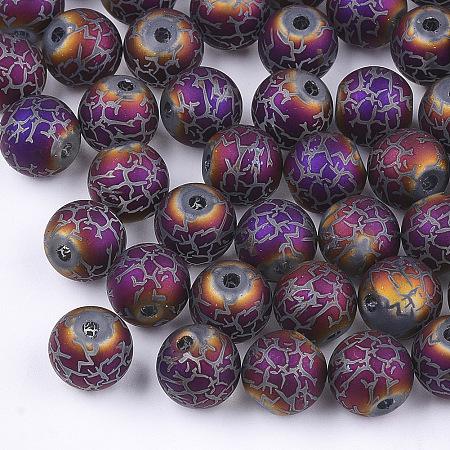 Arricraft Electroplate Glass Beads, Frosted, Round with Pattern, Indigo, 8~8.5mm, Hole: 1.5mm
