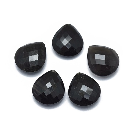 Honeyhandy Natural Obsidian Beads, Half Drilled, teardrop, Faceted, 18x16x7mm, Hole: 1mm
