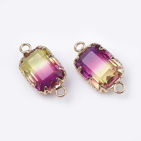 Honeyhandy K9 Glass Links, Imitation Tourmaline, with Golden Tone Brass Findings, Faceted, Rectangle, Purple, 22x10.5~11x6~6.5mm, Hole: 2mm