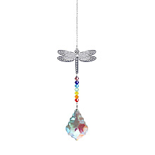 Honeyhandy Crystals Chandelier Suncatchers Prisms Chakra Hanging Pendant, with Iron Cable Chains, Glass Beads and Dragonfly Brass Pendant, Leaf Pattern, 350mm, Maple Leaf: 50x35mm, Dragonfly: 45x60mm