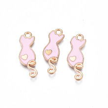 Honeyhandy Alloy Enamel Pendants, Cadmium Free & Lead Free, Cat with Heart, Pink, 24.5x8.5x2mm, Hole: 1.8mm