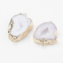 Honeyhandy Electroplate Natural Druzy Geode Quartz Crystal Links connectors, with Brass Findings, Nuggets, Golden, White, 22~45x10~35x4~5.5mm, Hole: 2mm