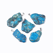 Honeyhandy Natural Regalite/Imperial Jasper/Sea Sediment Jasper Pendants, with Platinum Tone Iron Findings, Dyed, Nuggets, Deep Sky Blue, 42~47x27~33x5~6mm, Hole: 7x3.5mm