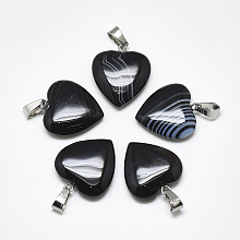 Honeyhandy Natural Banded Agate/Striped Agate Pendants, Dyed, with Stainless Steel Snap On Bails, Heart, Stainless Steel Color, Black, 22~24x20~21x5~7mm, Hole: 3~4x7~8.5mm