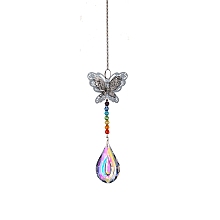 Honeyhandy Glass Teardrop Sun Catcher Hanging Prism Ornaments with Iron Butterfly, for Home, Garden, Ceiling Chandelier Decoration, Teardrop Pattern, 340~360mm