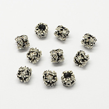 Honeyhandy Hollow Flower Alloy Rhinestone Large Hole European Beads, Antique Silver, Crystal, 10x10mm, Hole: 5mm