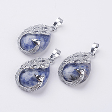 Honeyhandy Natural Blue Spot Jasper Pendants, with Brass Finding, Teardrop with Peacock, Platinum, 33x20x10.5mm, Hole: 5x6.5mm