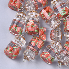 Honeyhandy Glass Bottle Pendants, with Resin & Polymer Clay & Iron Findings, Strawberry, Platinum, Salmon, 28~29x15mm, Hole: 2mm