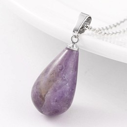 Honeyhandy Teardrop Platinum Tone Brass Amethyst Pendants, 24~26x13mm, Hole: 5x8mm